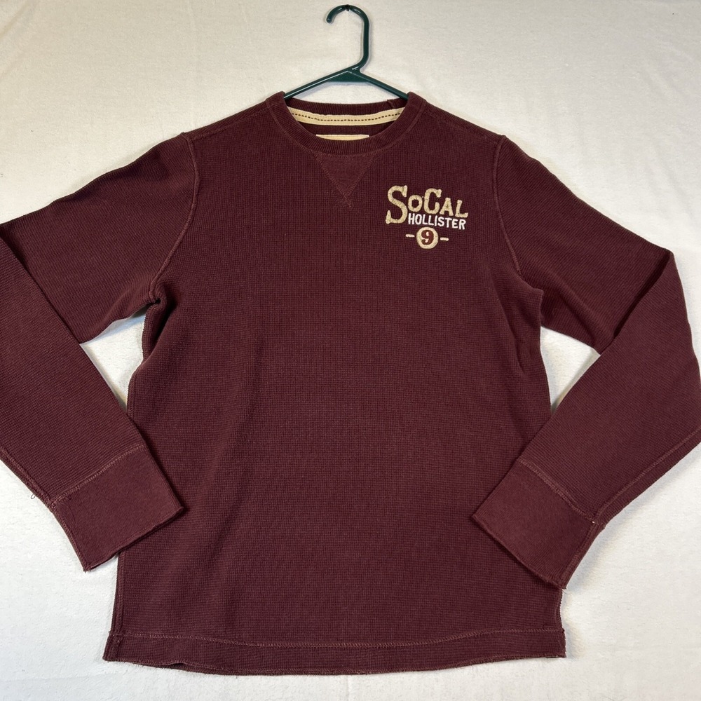 Hollister Mens Crew Neck Long Sleeve Shirt Maroon SoCal Embroidered Waffle L